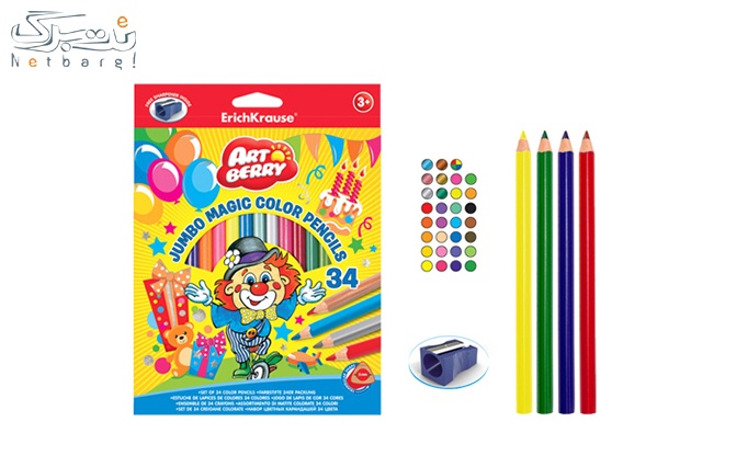 پکیج 6: مداد رنگی 34 رنگ 3 ضلعی + تراش